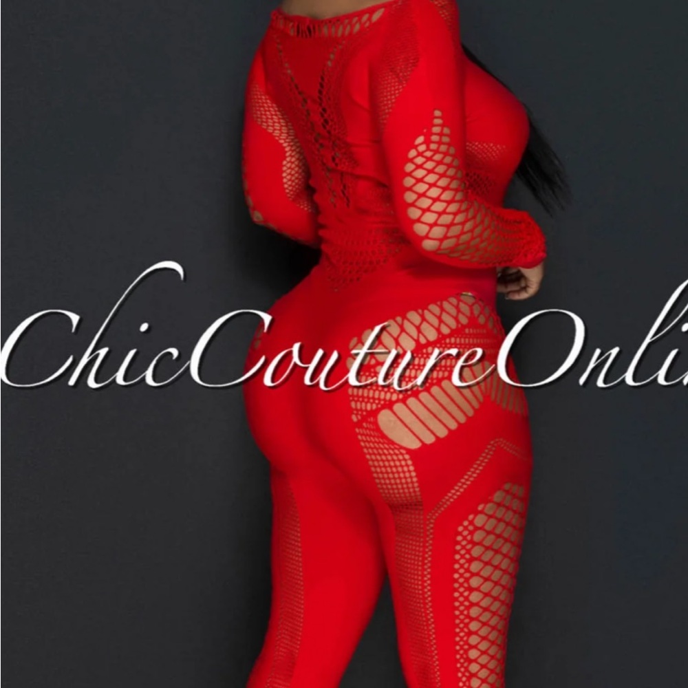 RED BODYCON SHEER PERFORATED JUMPSUIT